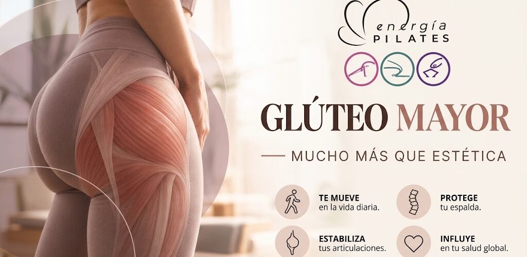 Banner horizontal de Energía Pilates sobre el glúteo mayor. A la izquierda, primer plano de una mujer de espaldas en ropa deportiva con una ilustración anatómica superpuesta que destaca las fibras del músculo glúteo mayor. A la derecha, el logotipo de Energía Pilates con tres iconos de actividades, el gran titular 'GLÚTEO MAYOR — MUCHO MÁS QUE ESTÉTICA' y cuatro beneficios clave con iconos: 'TE MUEVE en la vida diaria', 'PROTEGE tu espalda', 'ESTABILIZA tus articulaciones' e 'INFLUYE en tu salud global', todo sobre un fondo cálido y desenfocado de un estudio de pilates.