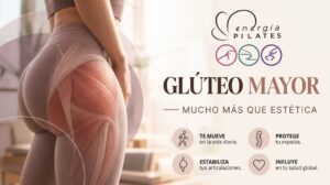 Banner horizontal de Energía Pilates sobre el glúteo mayor. A la izquierda, primer plano de una mujer de espaldas en ropa deportiva con una ilustración anatómica superpuesta que destaca las fibras del músculo glúteo mayor. A la derecha, el logotipo de Energía Pilates con tres iconos de actividades, el gran titular 'GLÚTEO MAYOR — MUCHO MÁS QUE ESTÉTICA' y cuatro beneficios clave con iconos: 'TE MUEVE en la vida diaria', 'PROTEGE tu espalda', 'ESTABILIZA tus articulaciones' e 'INFLUYE en tu salud global', todo sobre un fondo cálido y desenfocado de un estudio de pilates.